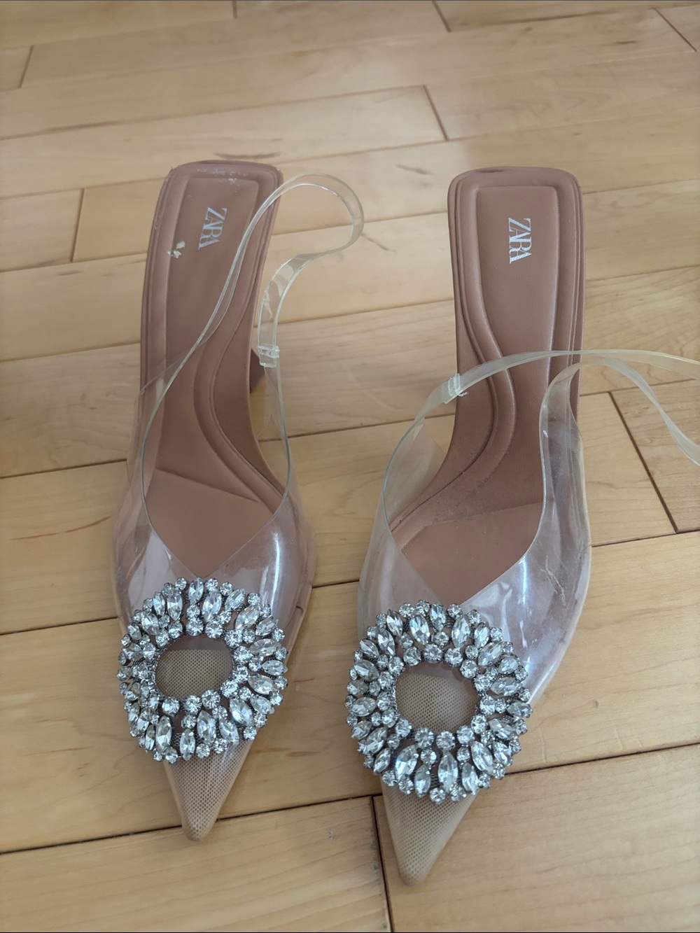ZARA Nude Clear Slingback Heels with Crystal Brooch
